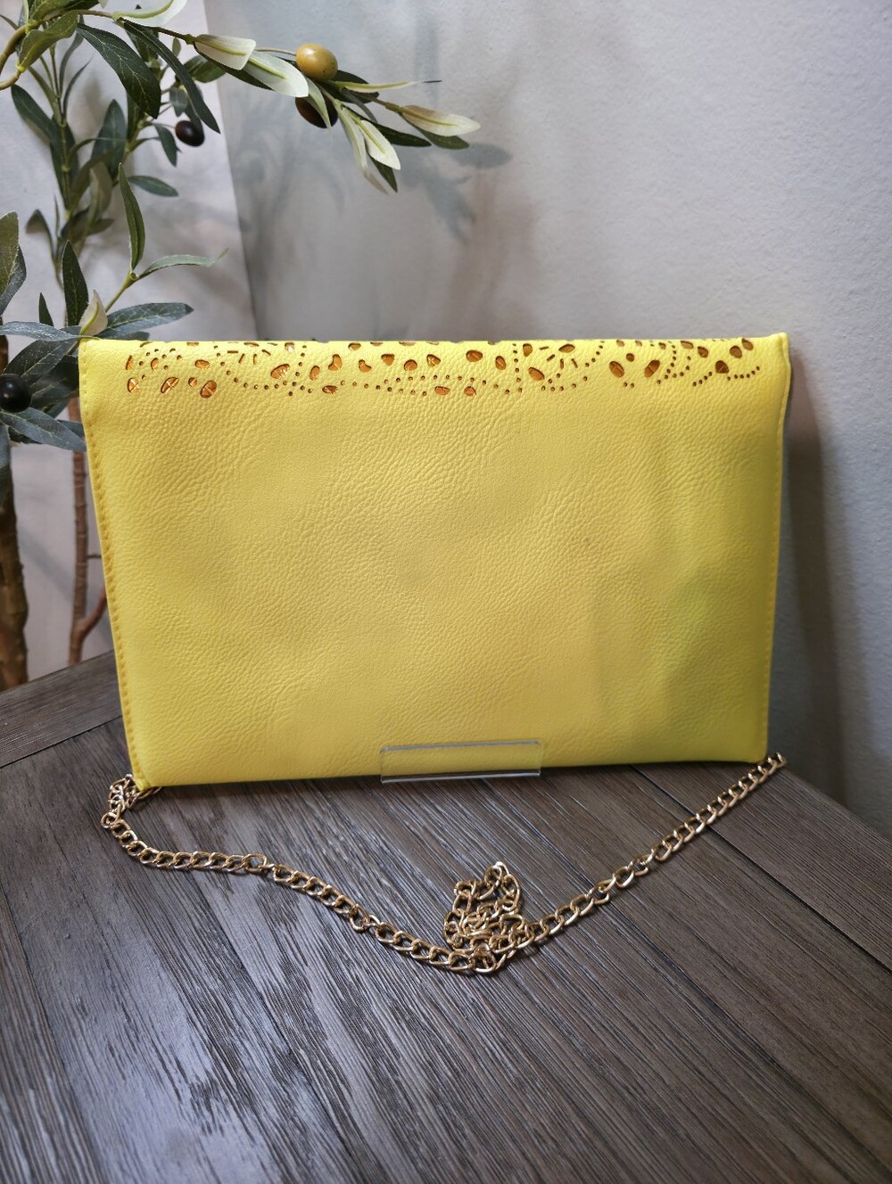 Yellow Laser-Cut Envelope Clutch with Chain Strap - Picture 5 of 5